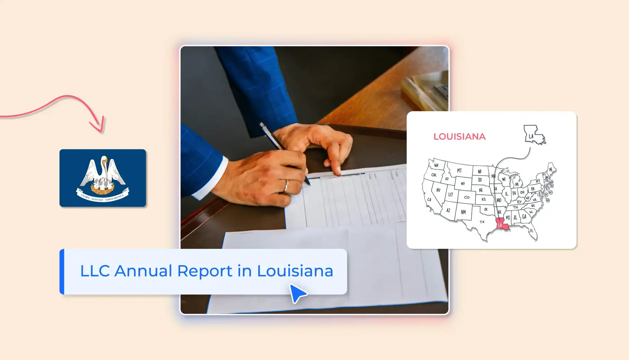 Louisiana LLC annual report heads with a suit with a form states map
