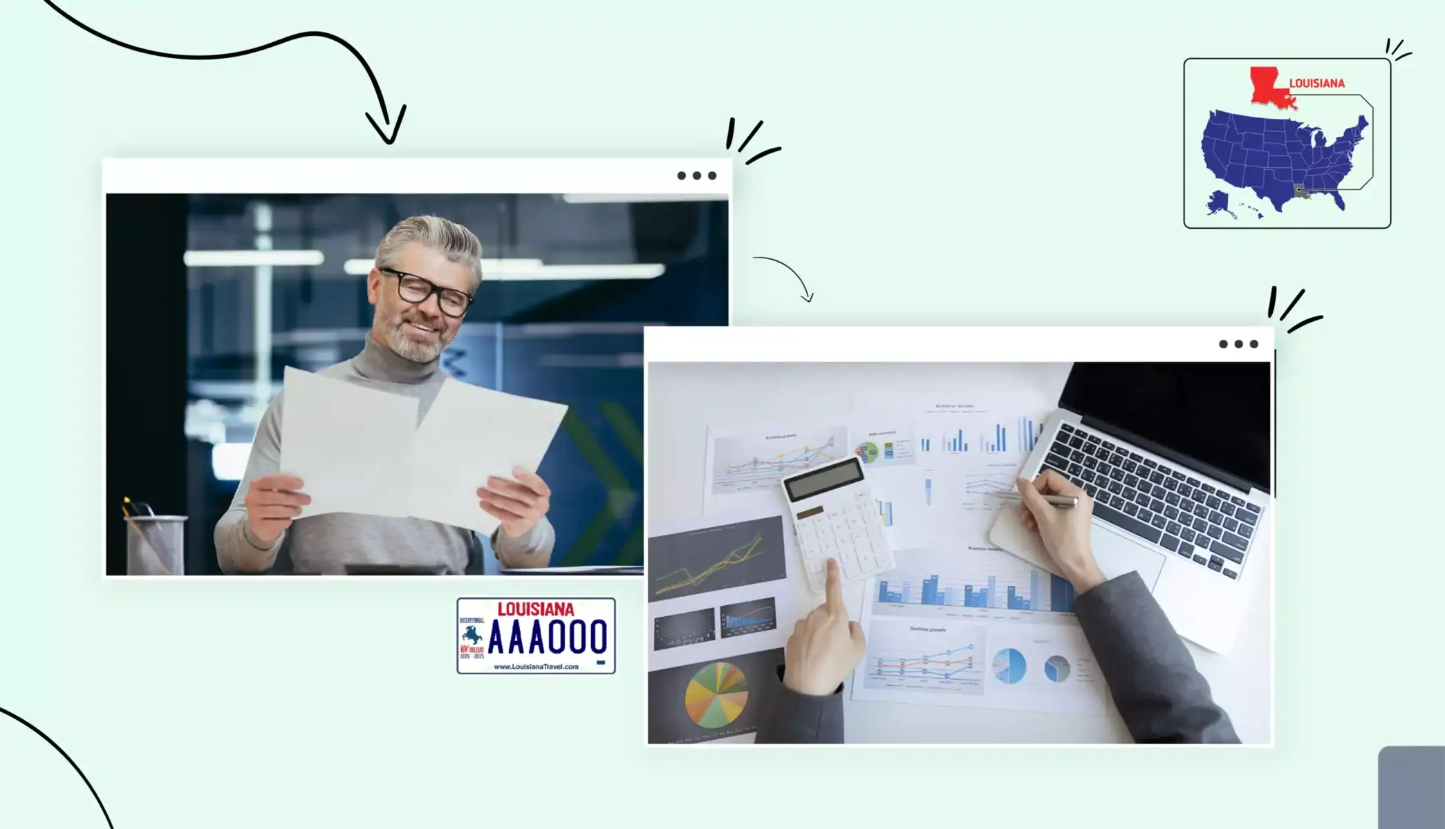 Man with glasses holding forms hands with laptop and calculator checking business license costs Louisiana map states map