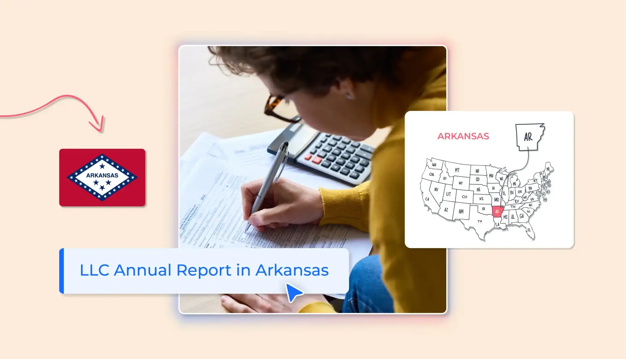 Business person with glasses filling out an Arkansas annual report with a calculator
