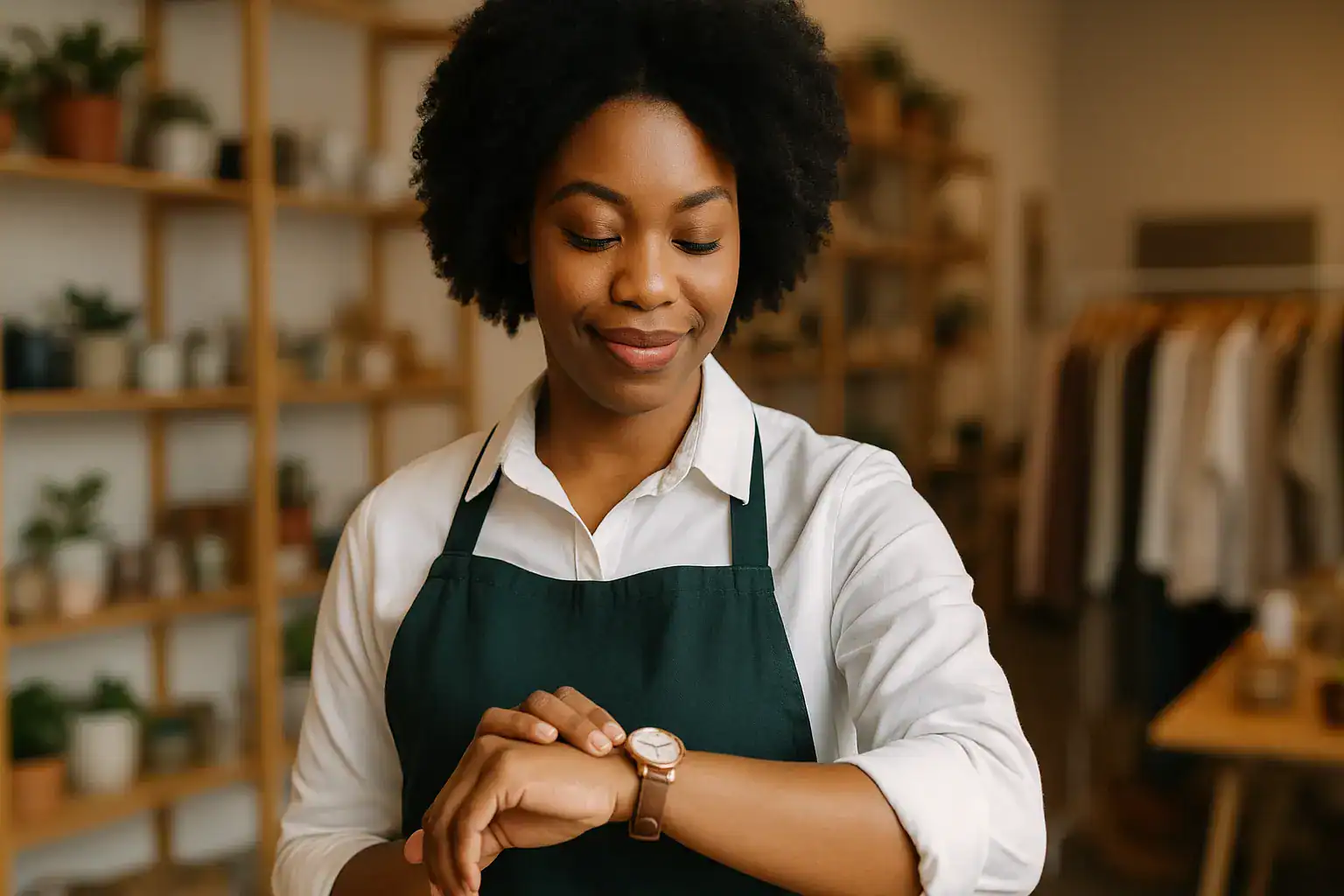 Female shop owner glancing down at her watch wondering how long will it take to form an LLC