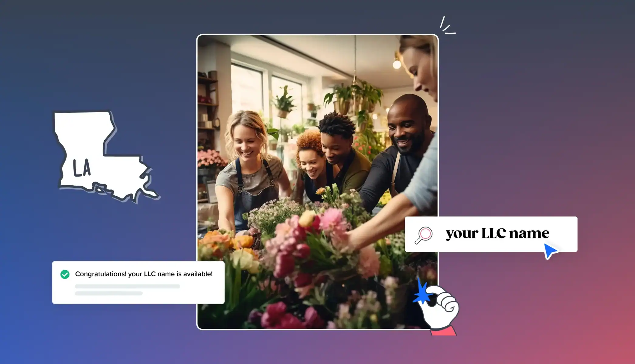 your LLC name is available Louisiana map people organizing flower in their flower shop