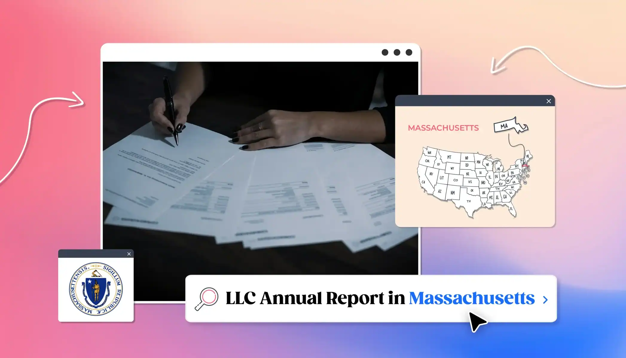 Massachusetts LLC annual report filing paper work signing states map