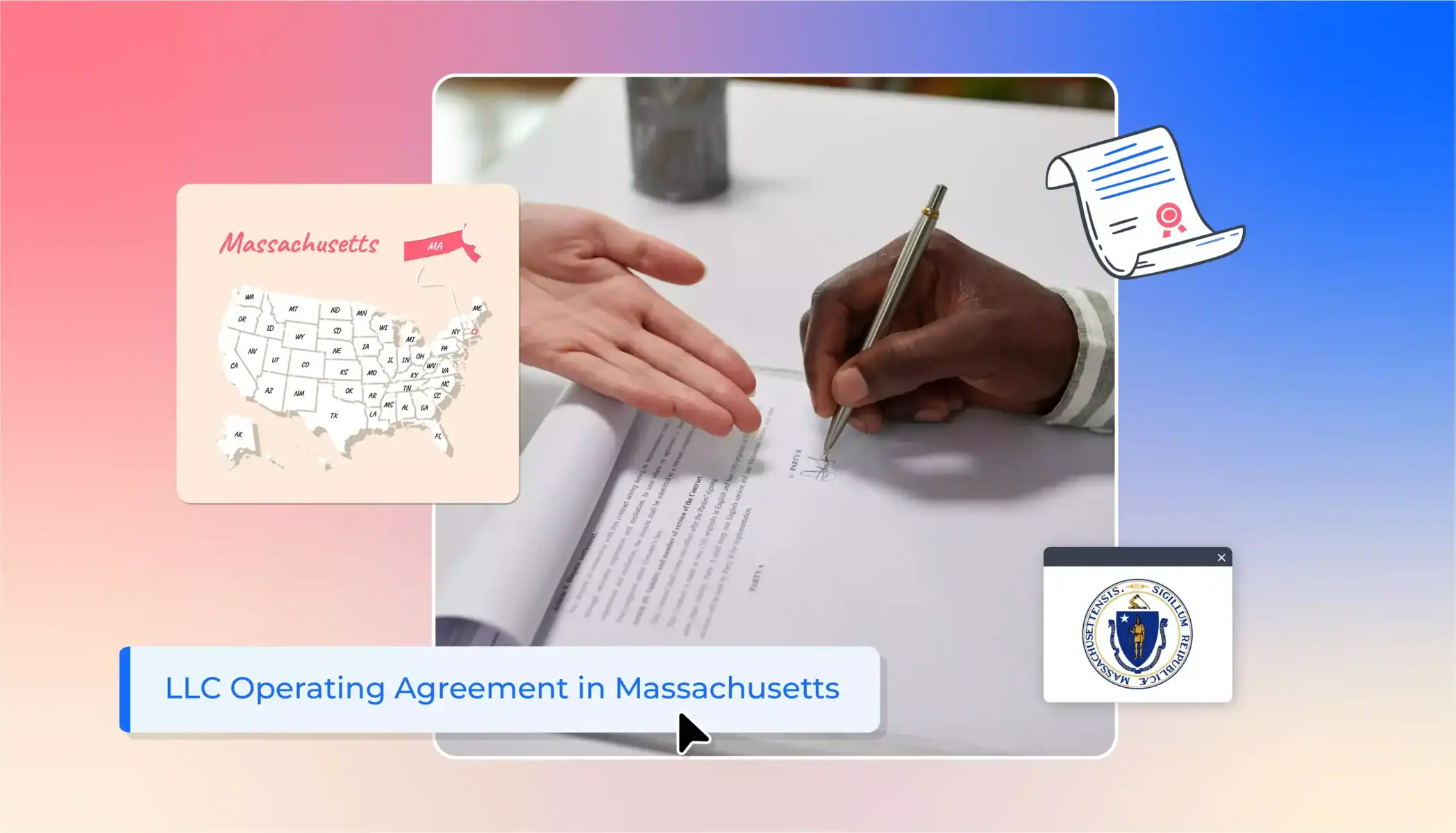 LLC operating agreement in Massachusetts hand with pen signing a page