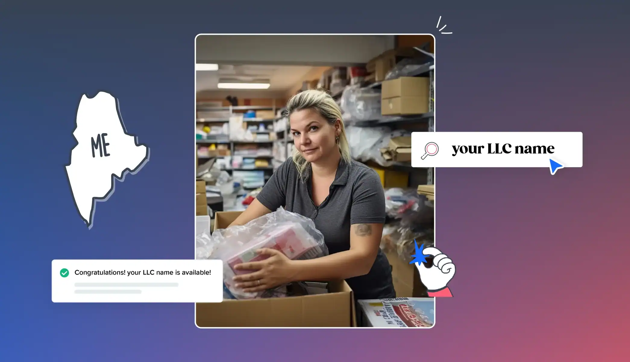 Maine map your LLC name is available woman in her store storage room