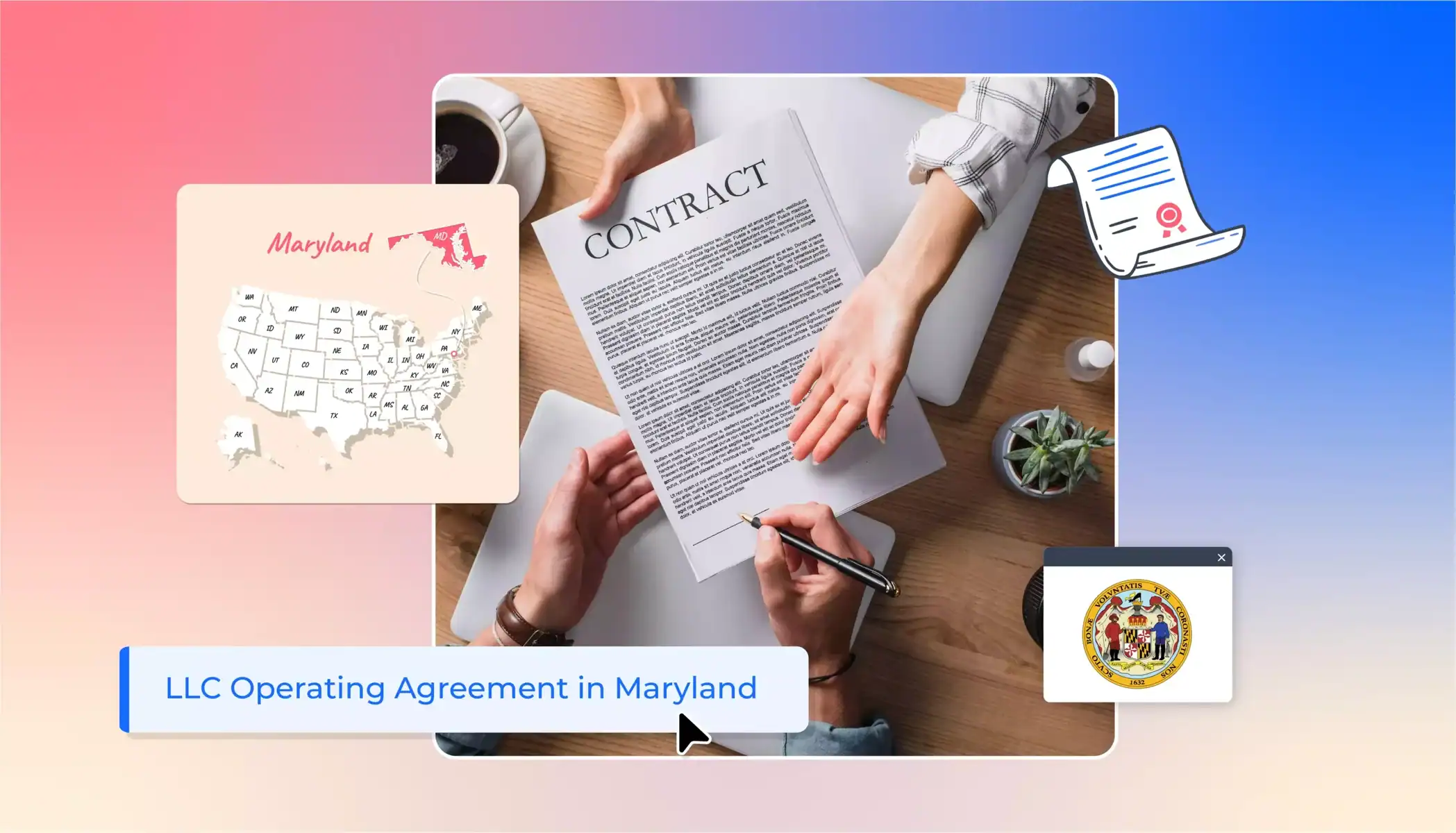 LLC operating agreement in Maryland hands with a contract state map Maryland