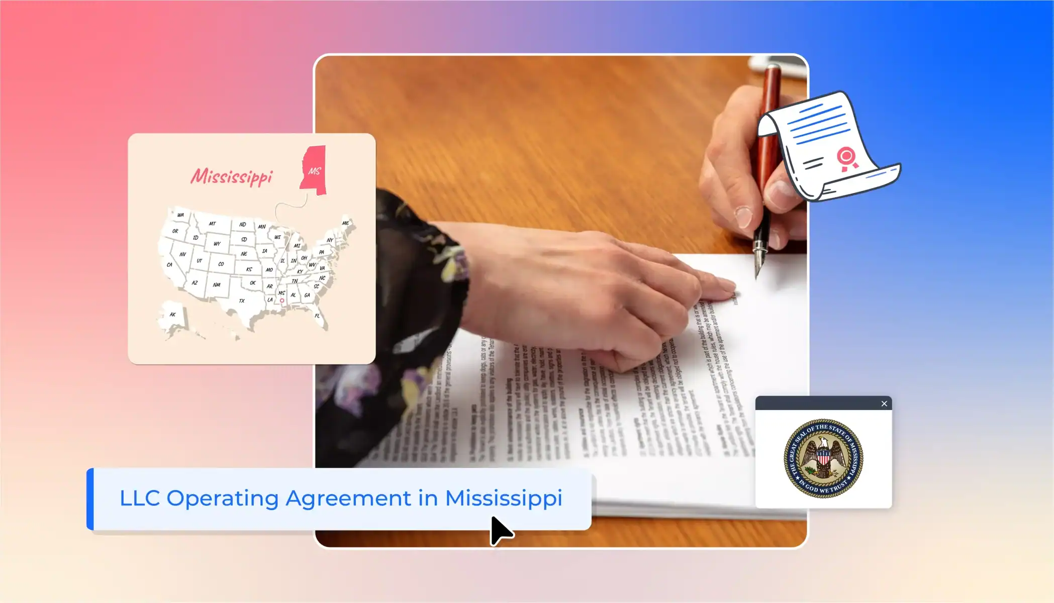A person signing an operating agreement with the Mississippi flag and icons
