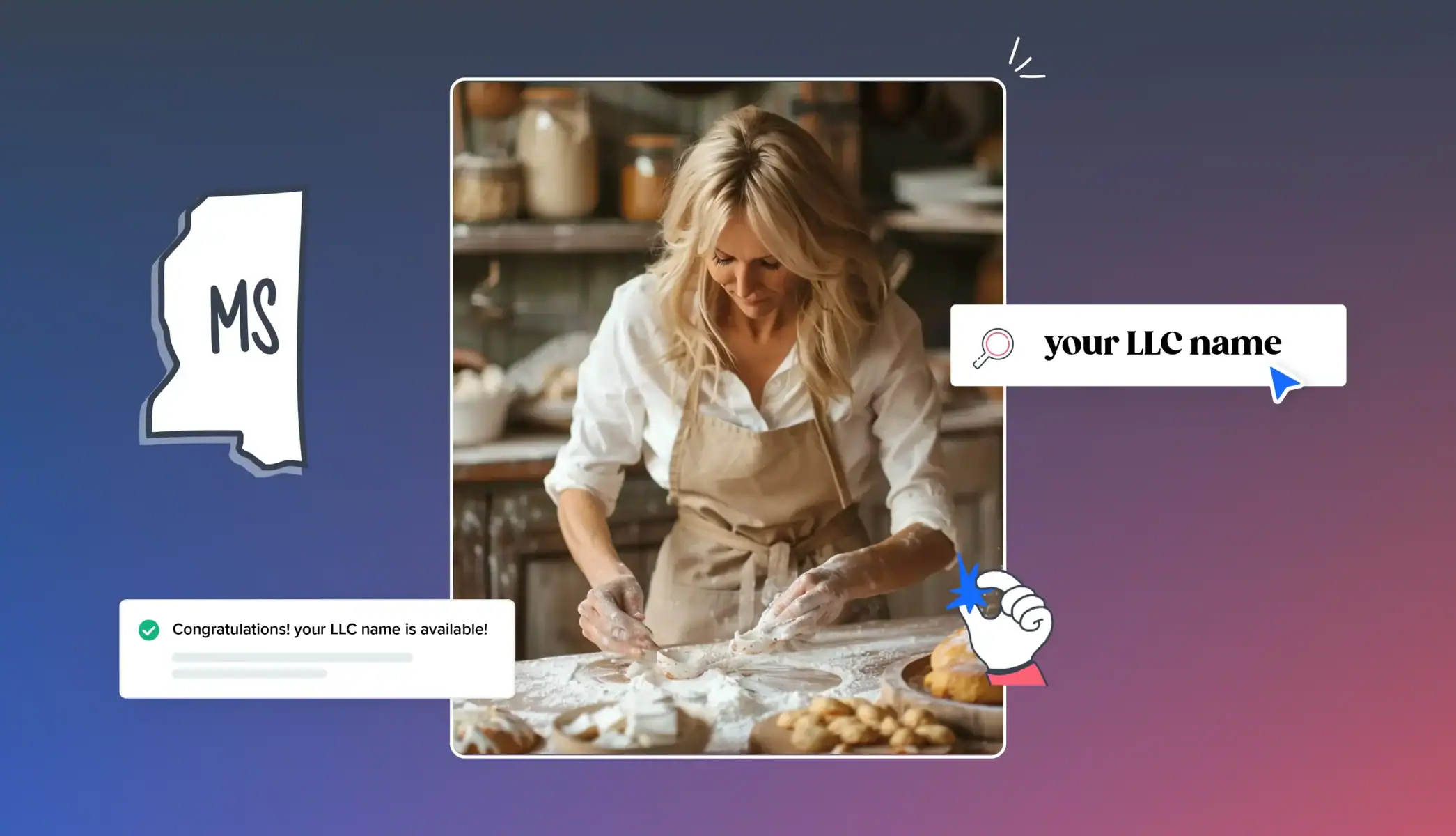 Baker in her shop with Mississippi LLC name search text and Mississippi state map