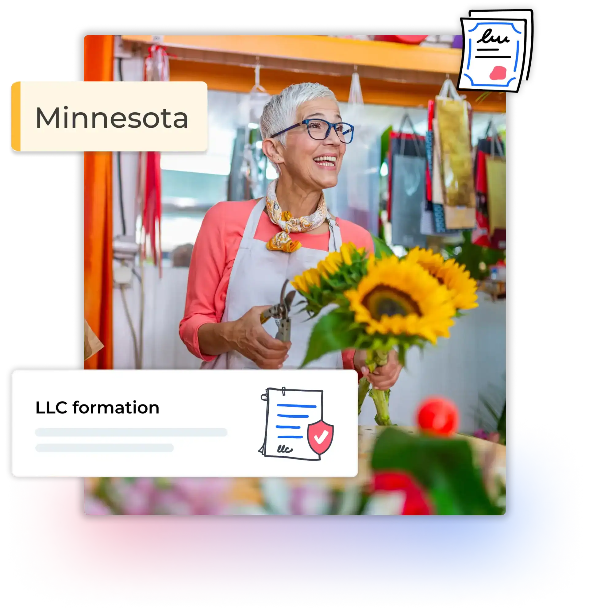 Minnesota LLC formation woman with short hair and glassed holding sunflowers and a cutter at her flower shop