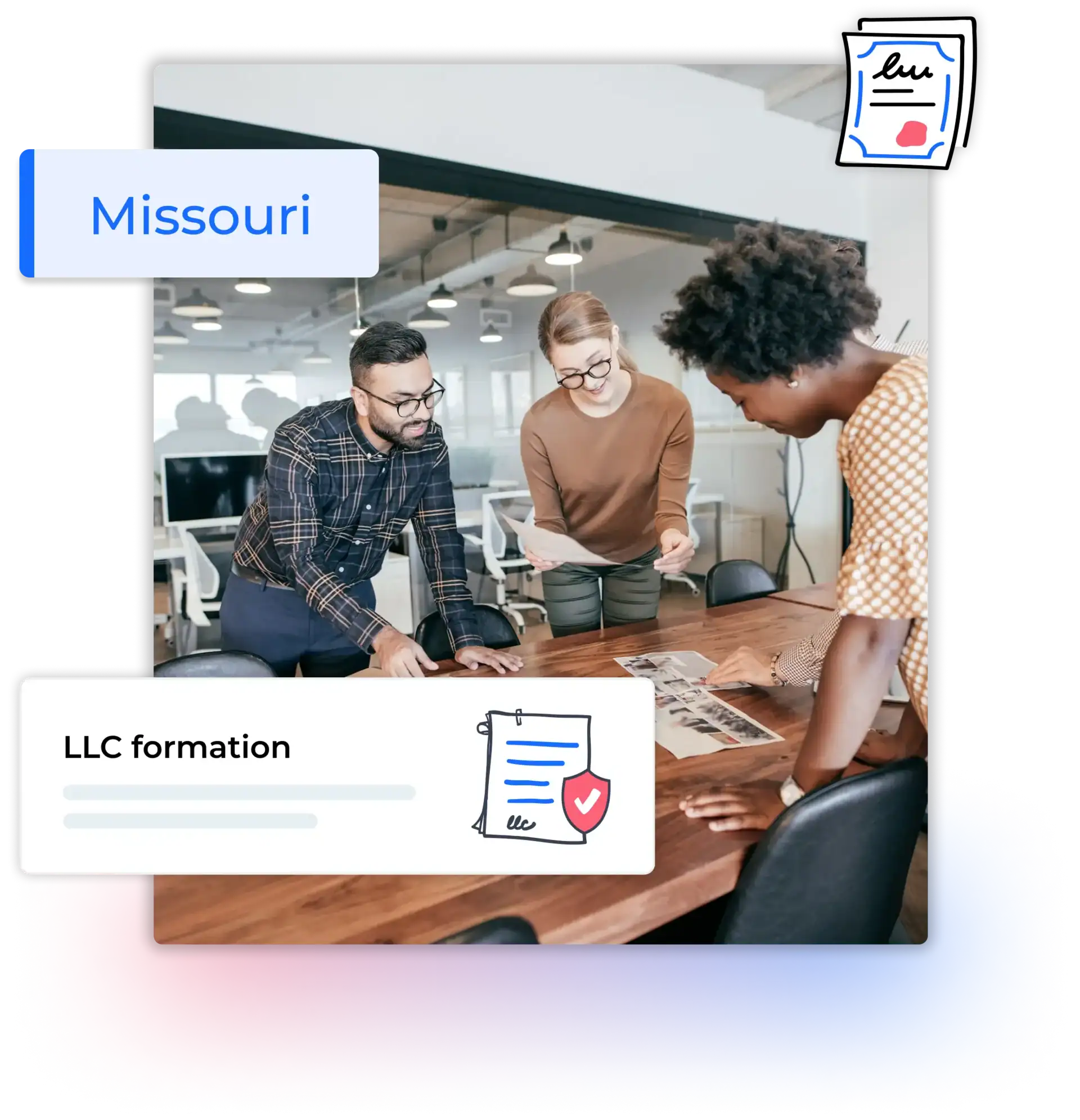 Missouri LLC formation people in a meeting at their office reviewing