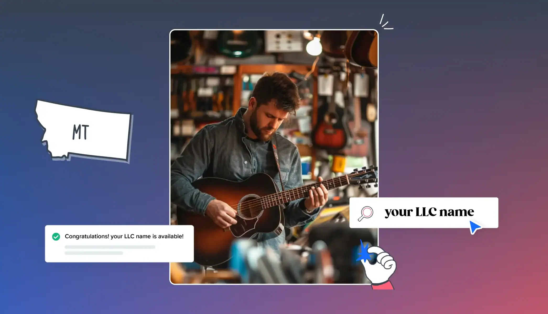 Guitar shop owner playin guitar with business search and Montana icons around