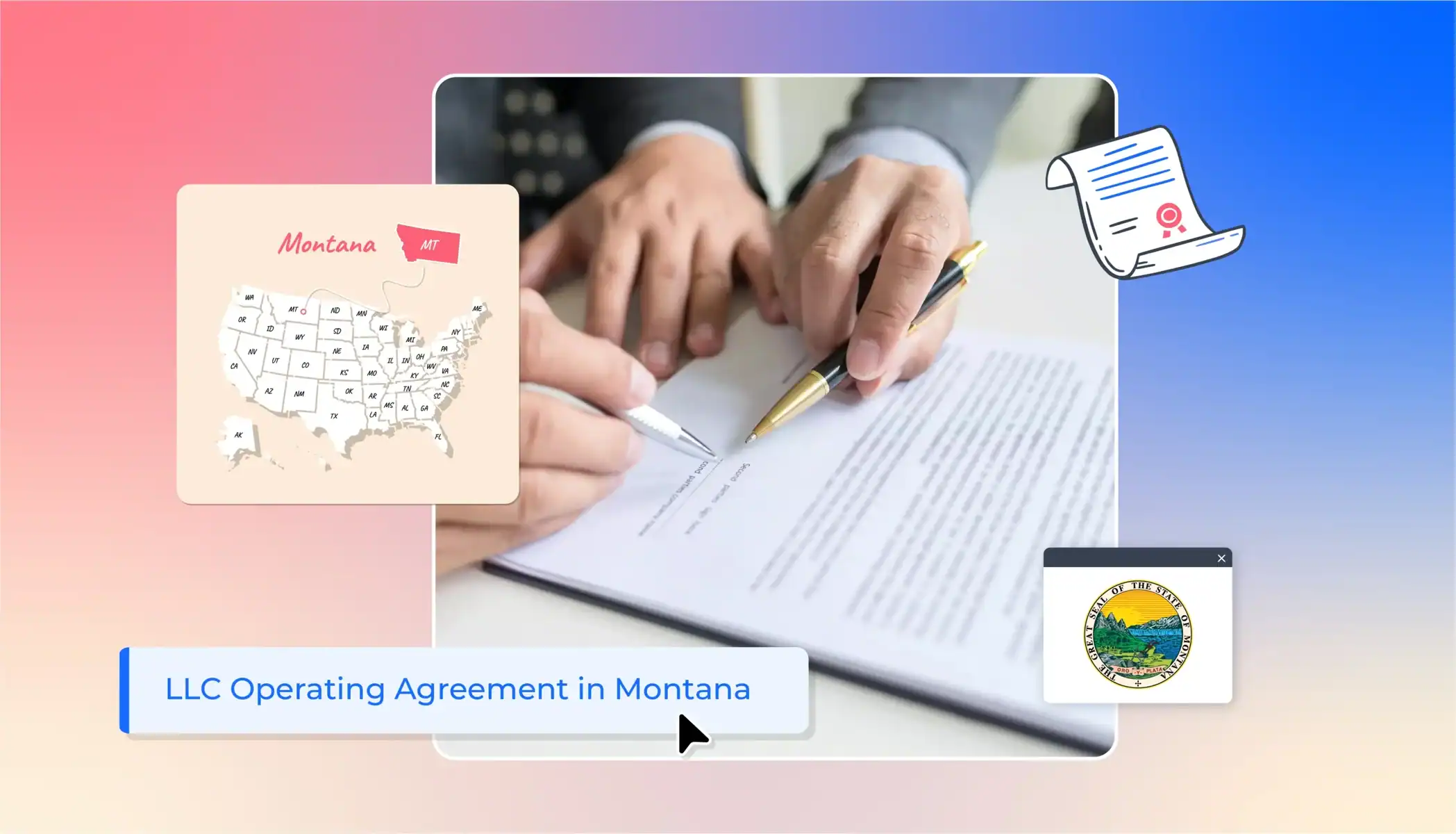An operating agreement being signed with the Montana state map and icons around