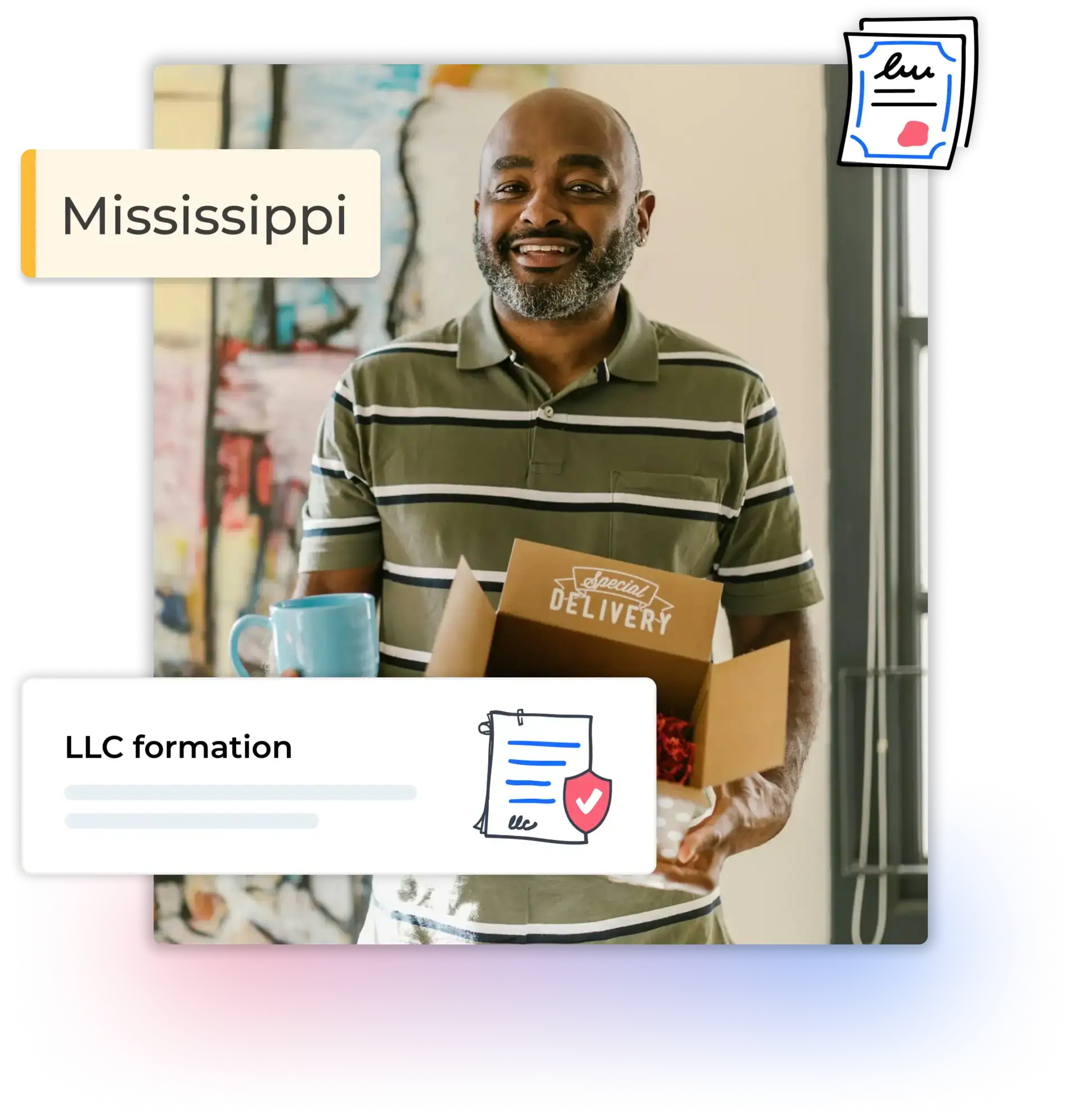 Mississippi LLC formation man holding a mug and a delivery box