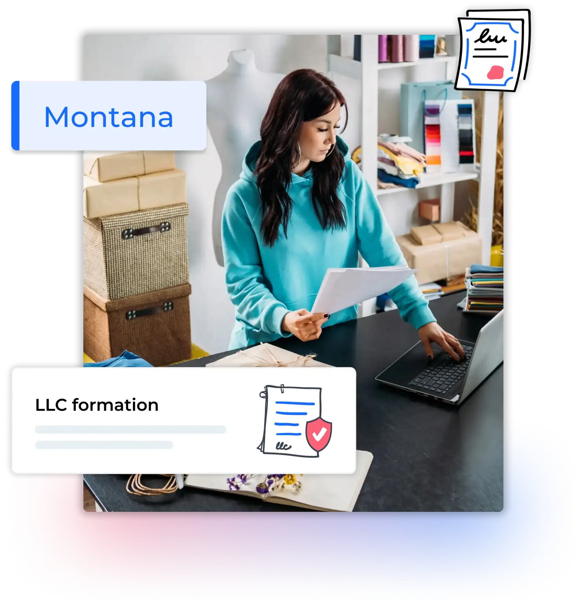 Montana LLC formation woman working on her laptop in a fabrics store