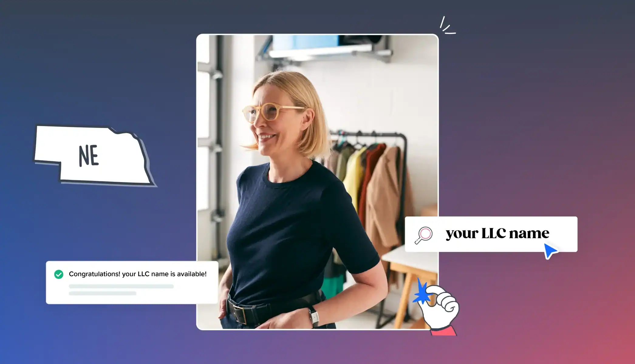 Nebraska woman business owner in her clothes store your LLC name is available Nebraska map