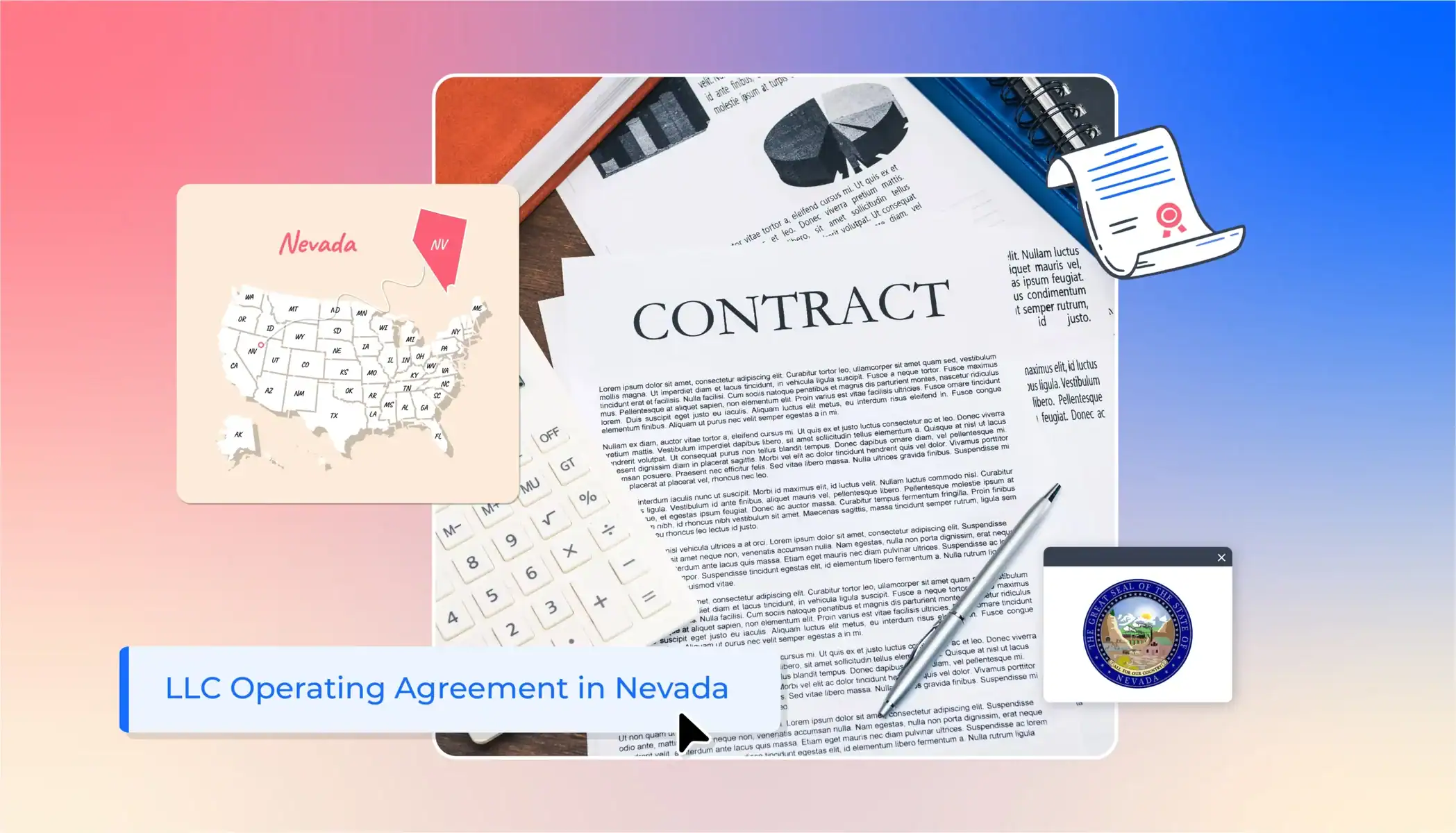 A picture of an operating agreement document with Nevada state icons around it.