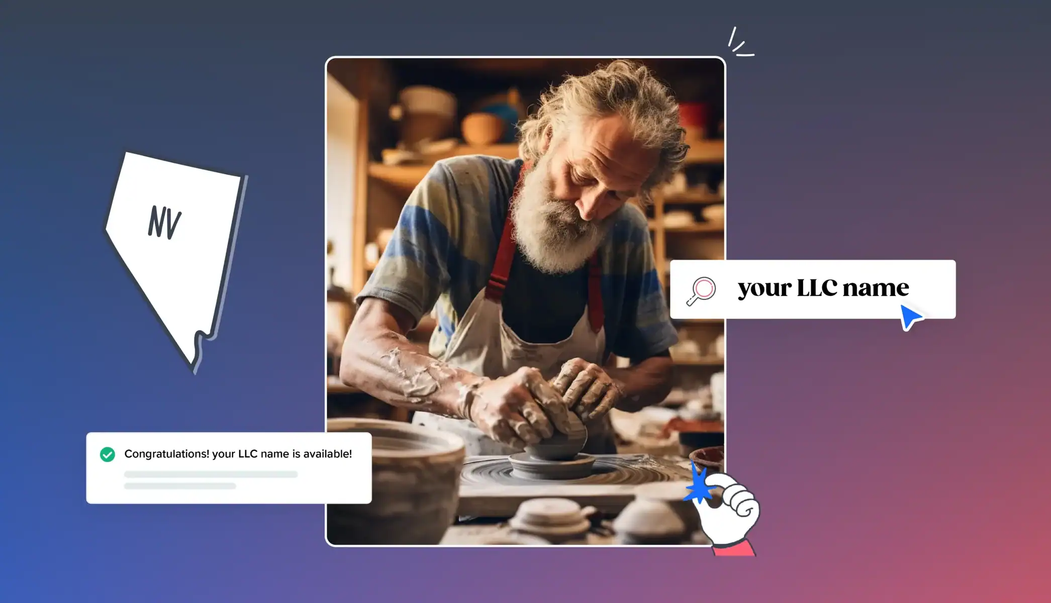 Nevada entity search icons for llc name and potter making a ceramic bowl