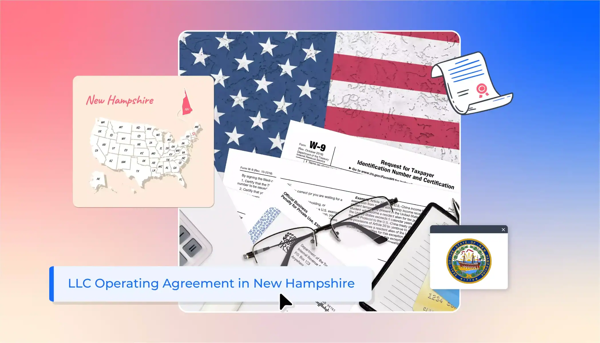 US flag papers reading glasses LLC operating agreement in New Hampshire states map new hampshire map
