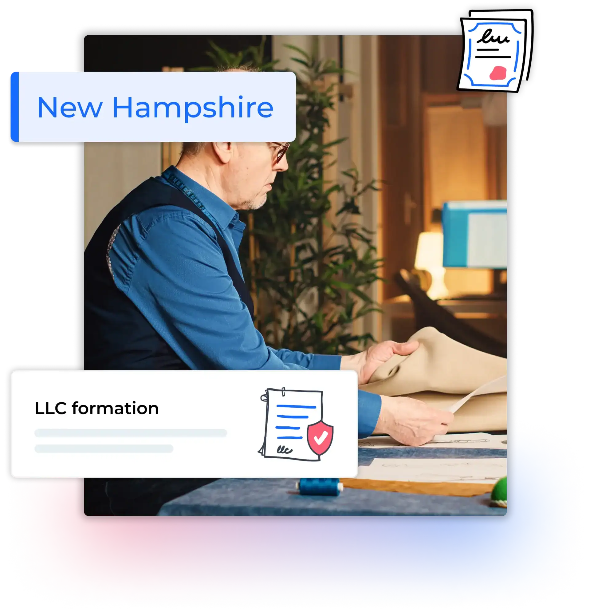 New Hampshire LLC formation man sitting in his studio designing clothes