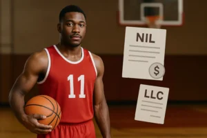 College basketball player in a gym with NIL contract and LLC formation documnet icons