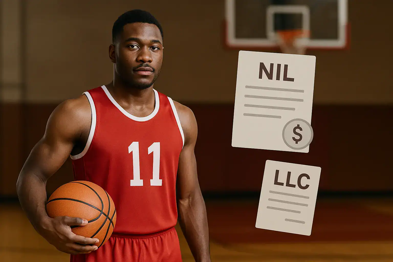 College basketball player in a gym with NIL contract and LLC formation documnet icons