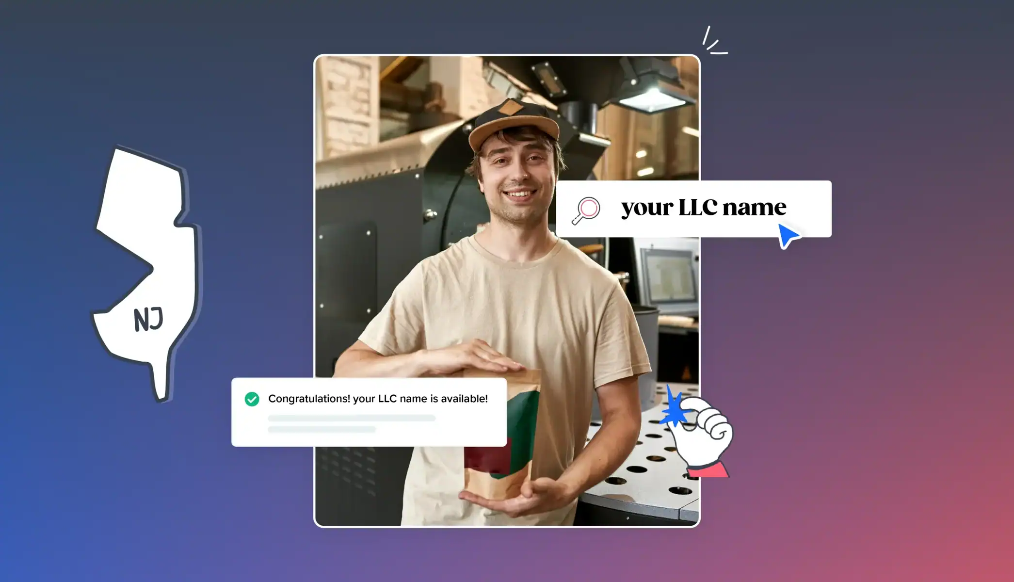New Jersey business owner holding product package NJ map your LLC name is available