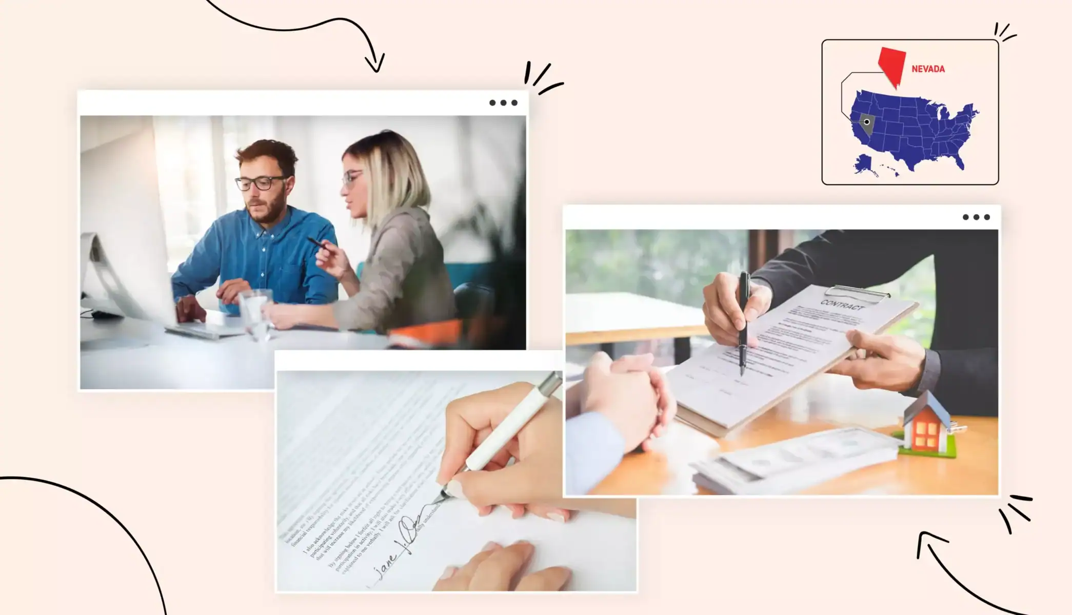 man and woman in the office in a business meeting contracts signing states map Nevada state