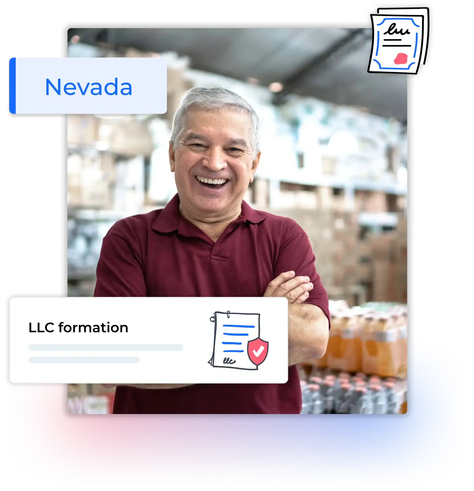 Nevada LLC formation man smiling in a storage room