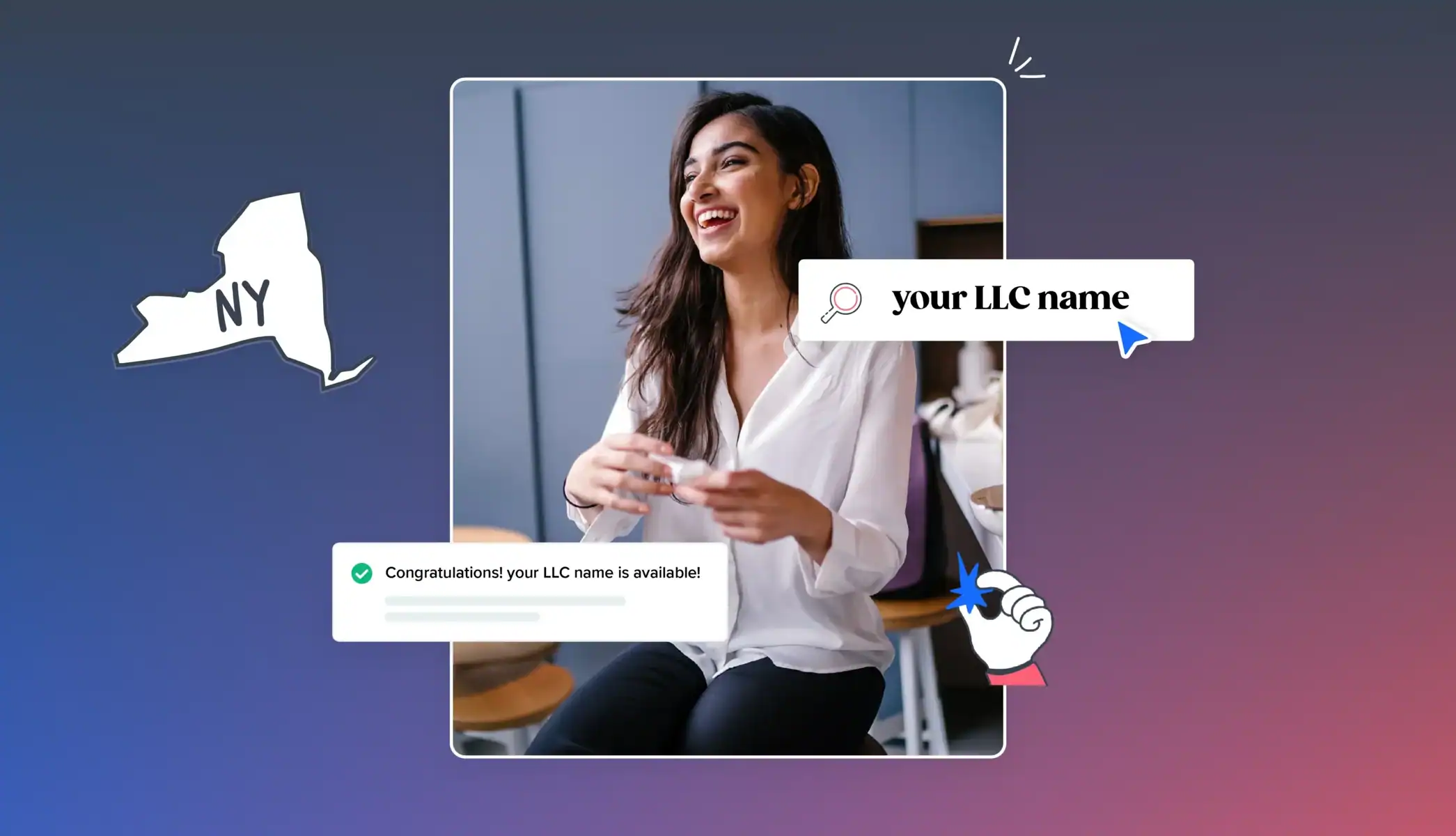 your LLC name is available woman smiling New York map