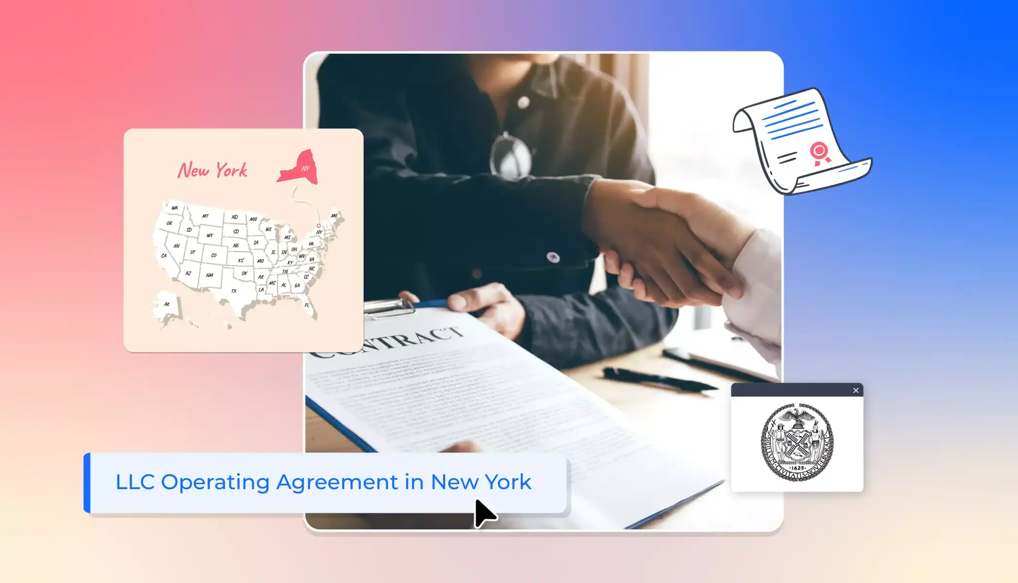 New York LLC operating agreement hand shake sates map