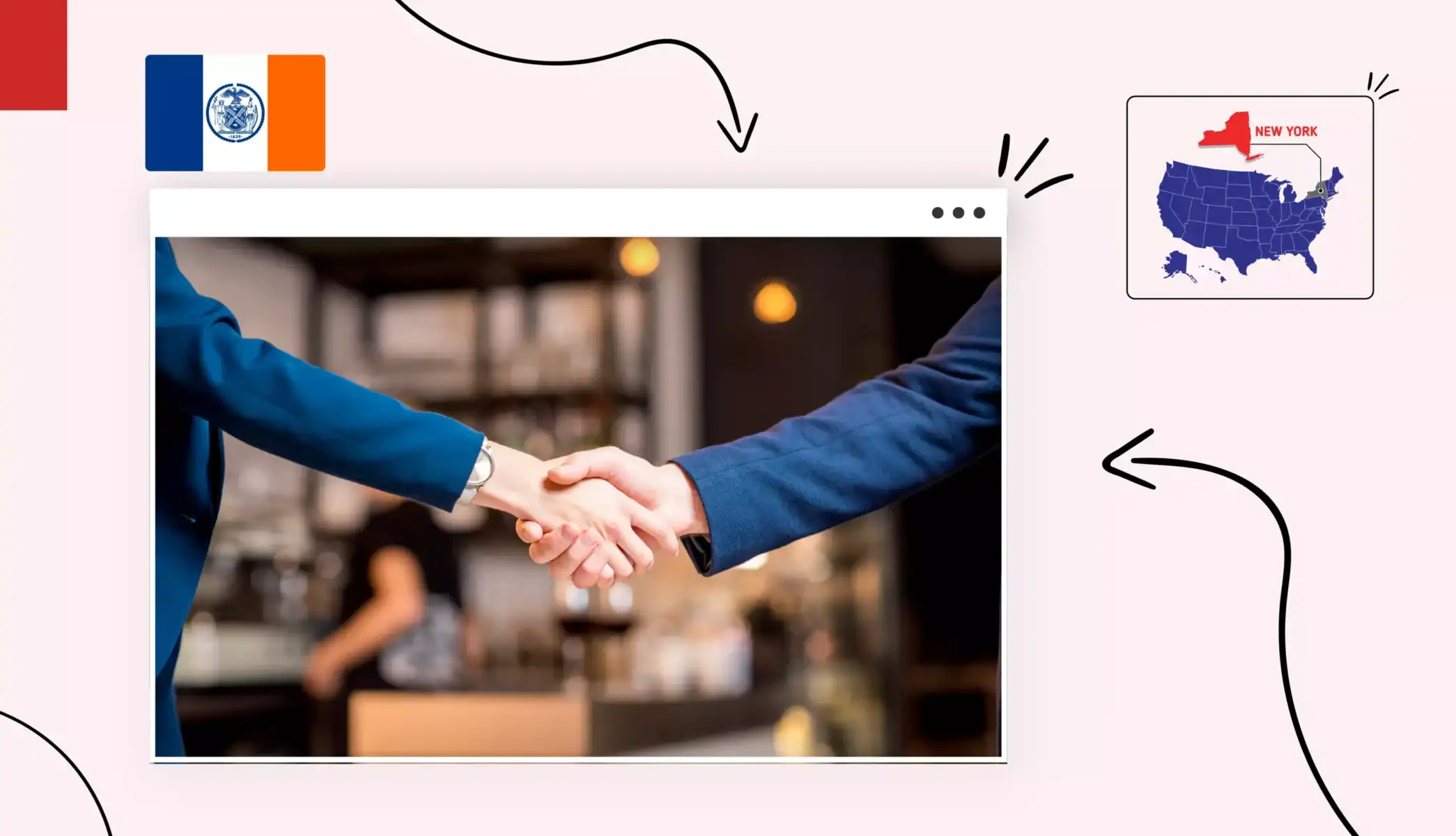Hands shaking suits New York state map symbol states map