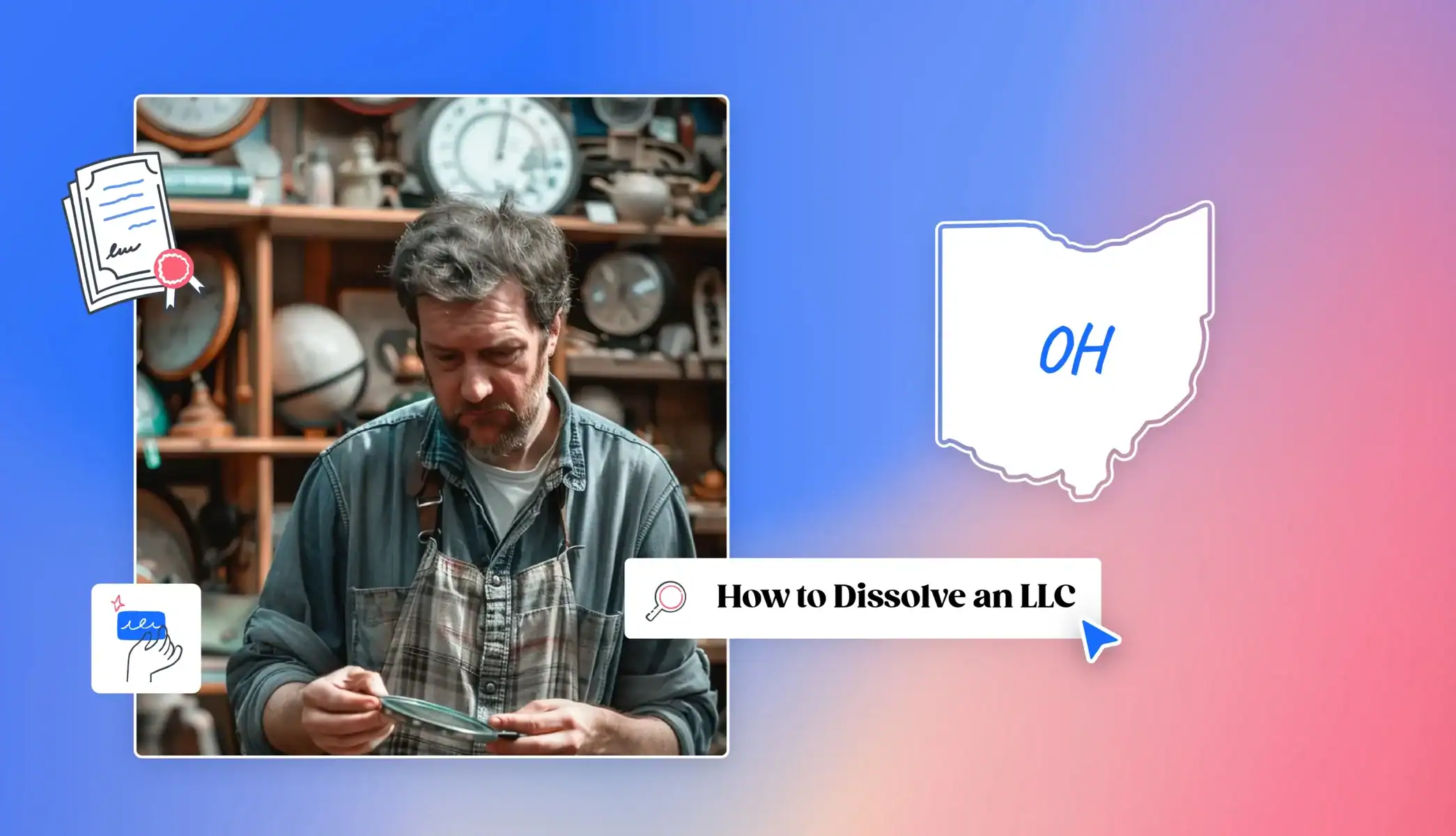 Shop owner with How to Dissolve an LLC text with Ohio state map and icons
