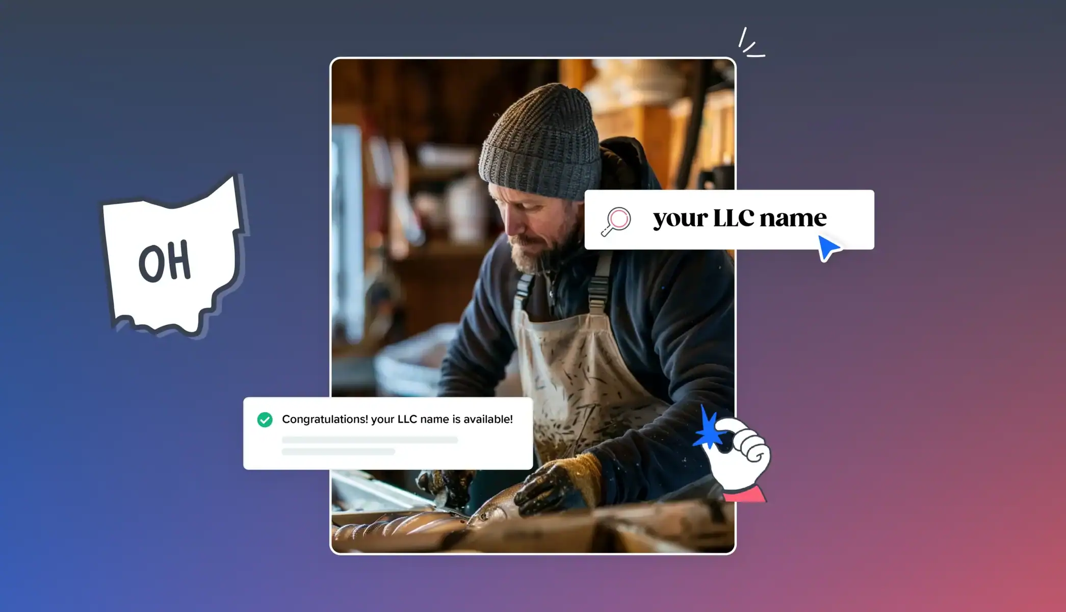 Shop owner doing a business entity search on his laptop with the Ohio state map and icons around