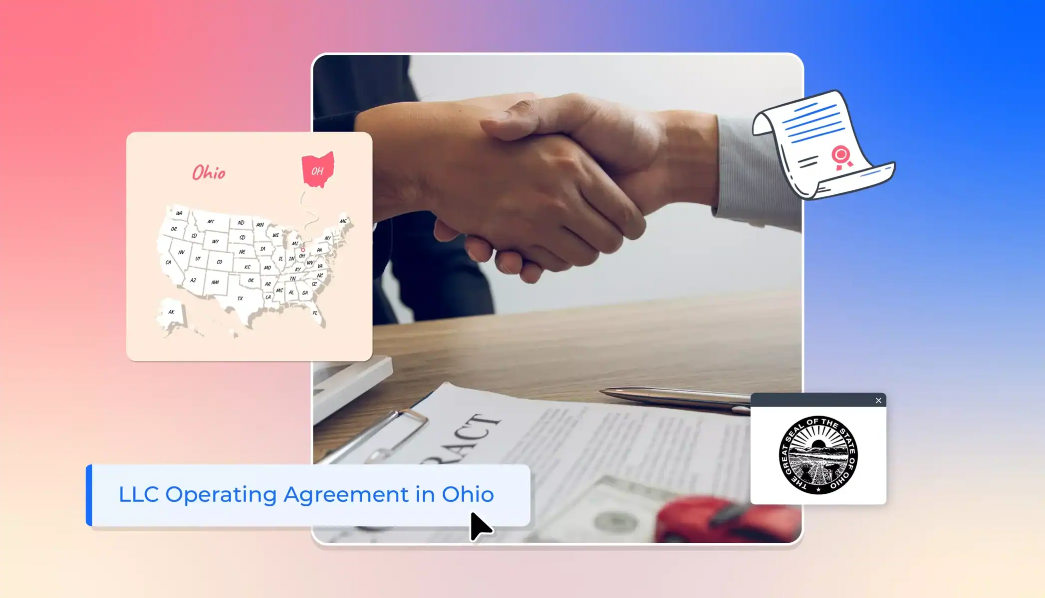 People shaking hands after signing an operating agreement surrounded by Ohio state icons