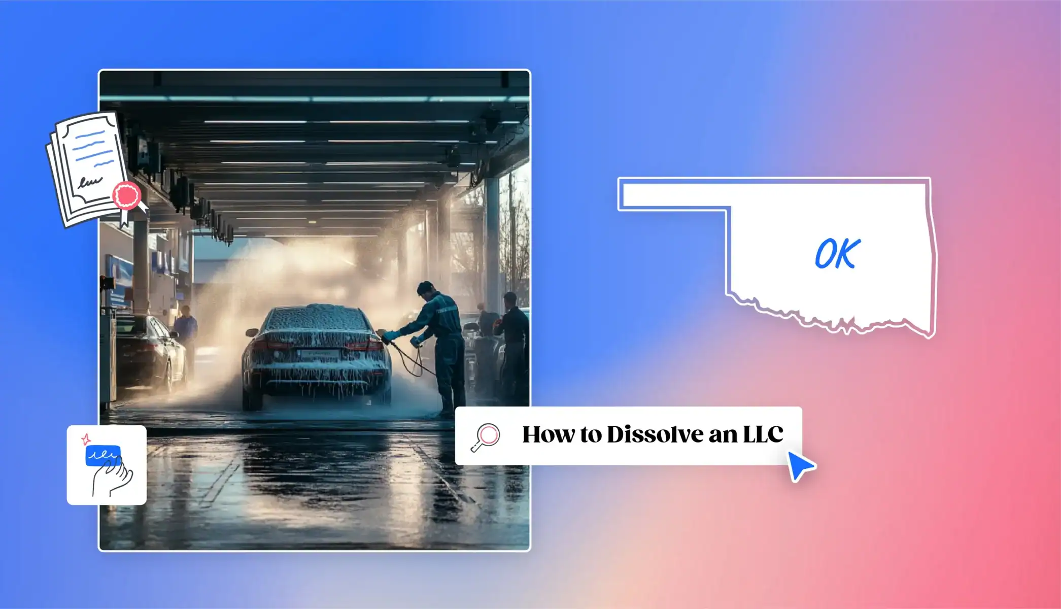 A car wash business with how to dissolve an LLC text and Oklahoma state icons
