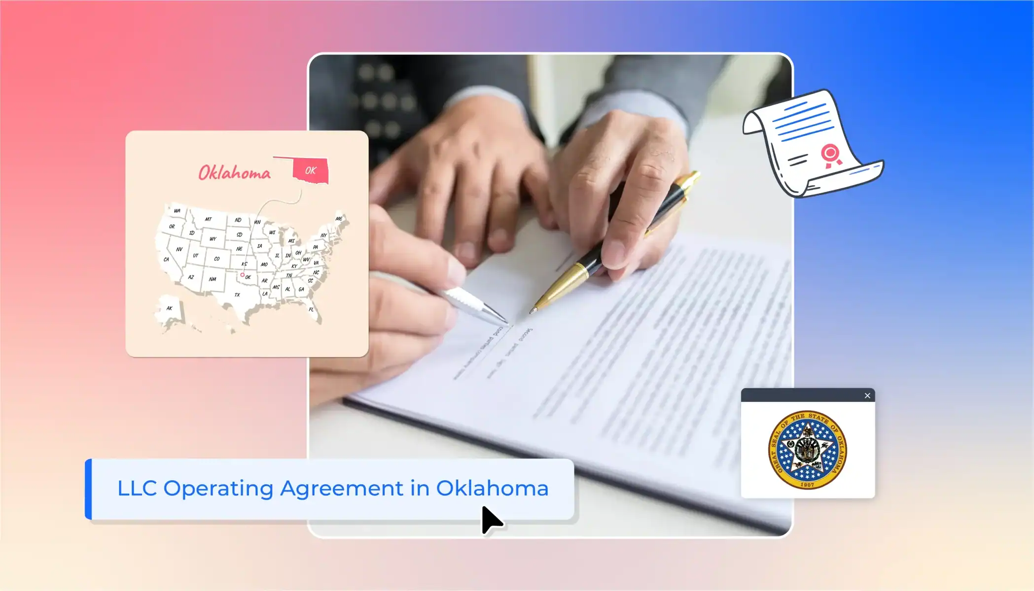 A picture of an operating agreement document with Oklahoma state icons around it.