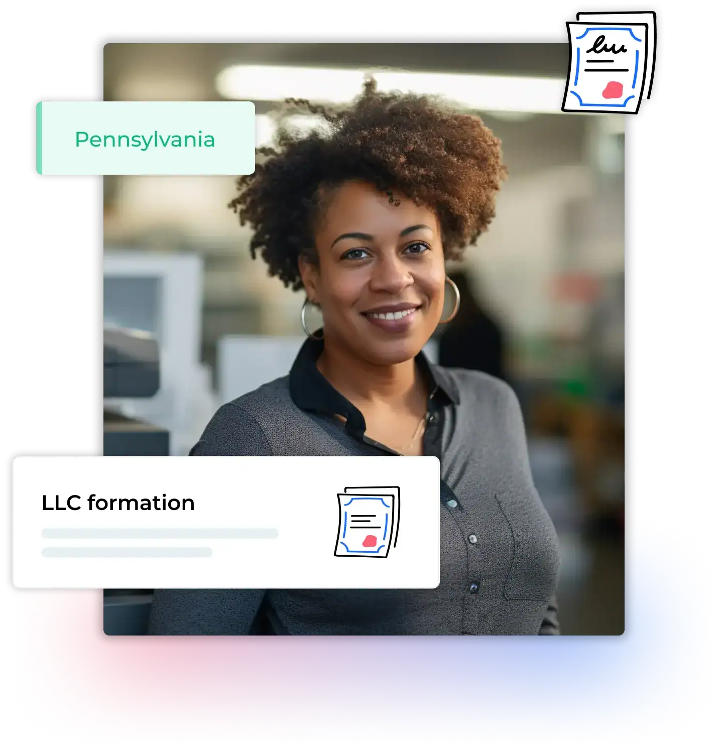 Woman in an office in Pennsylvania next to a printer after filing her LLC