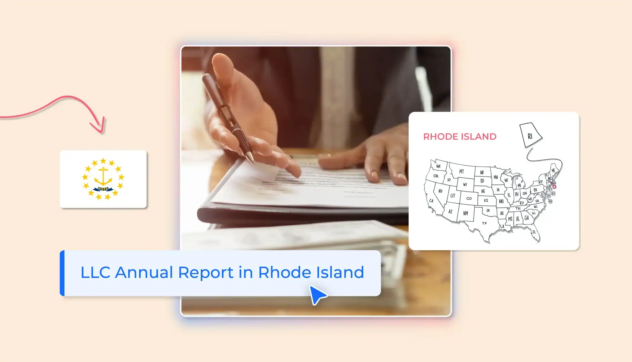 Rhode Island LLC annual report states map hands with a form