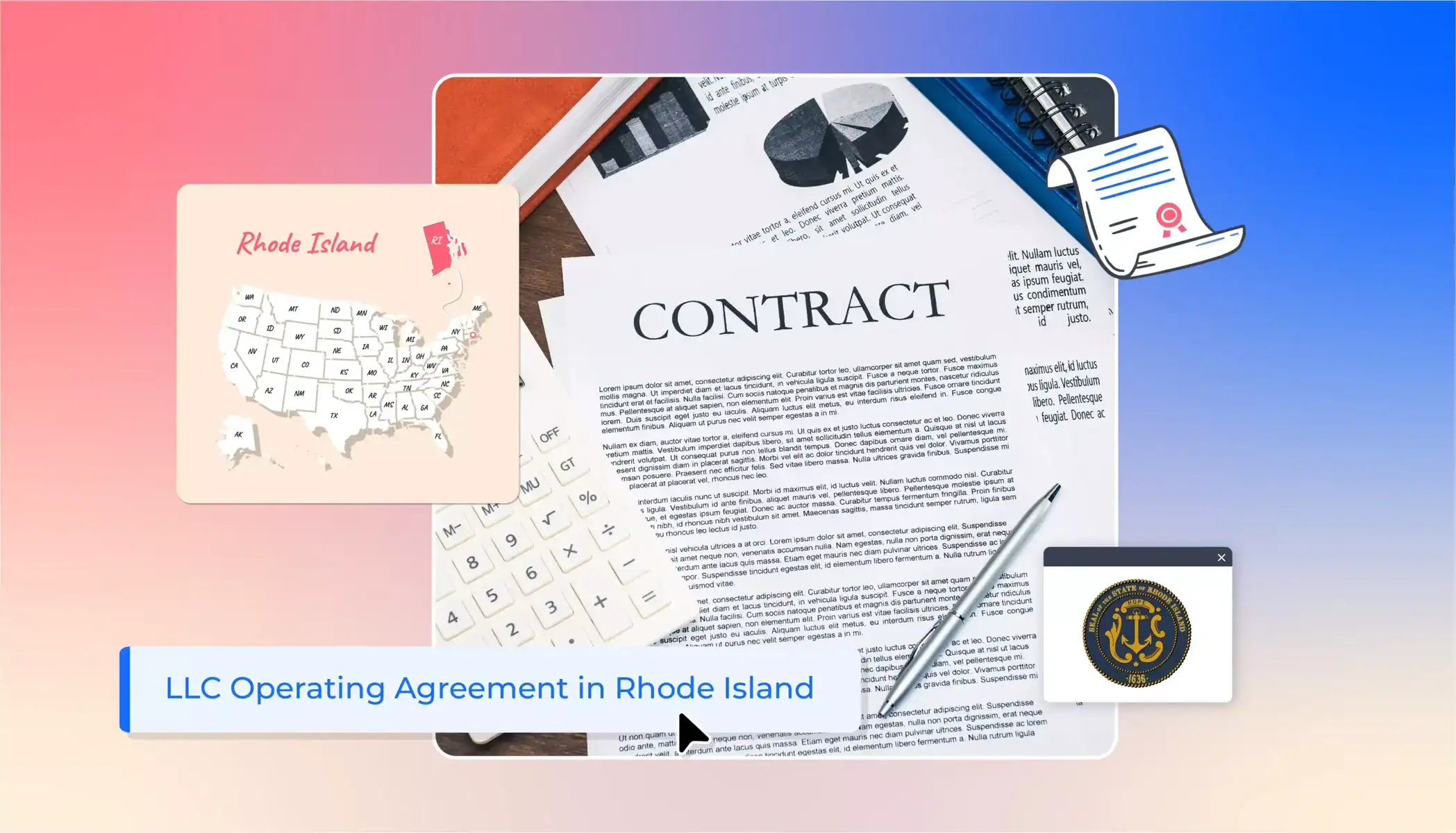 Contract states map Rhode Island LLC operating agreement in Rhode Island