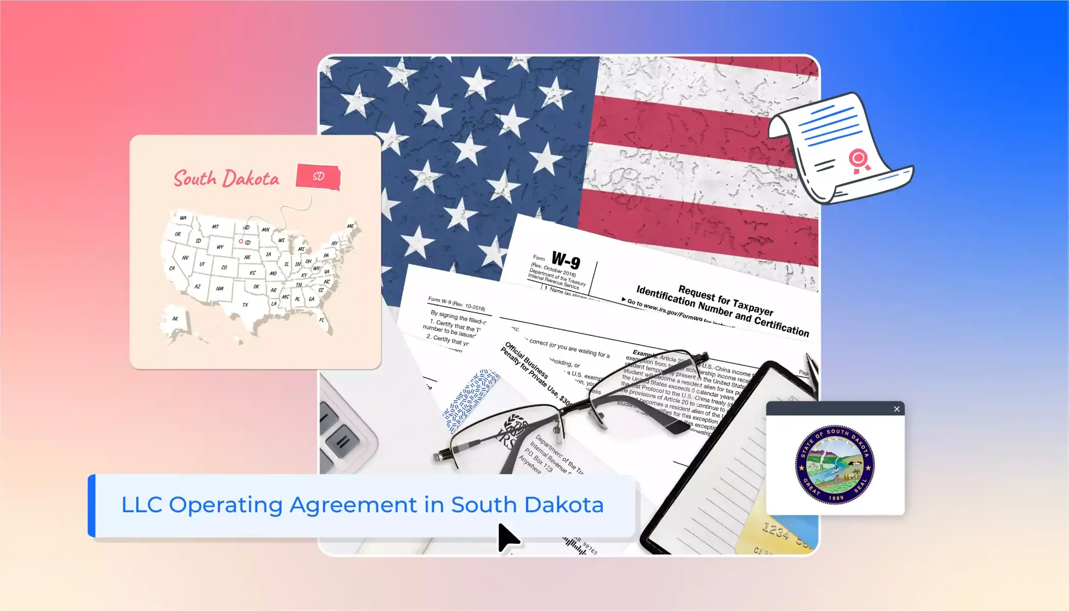 states map USA flag reading glasses on documents LL operating agreement in South Dakota