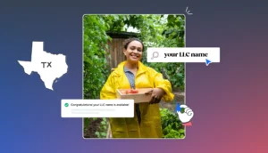 business owner with yellow raincoat holding tomato box your LLC name is available Texas map