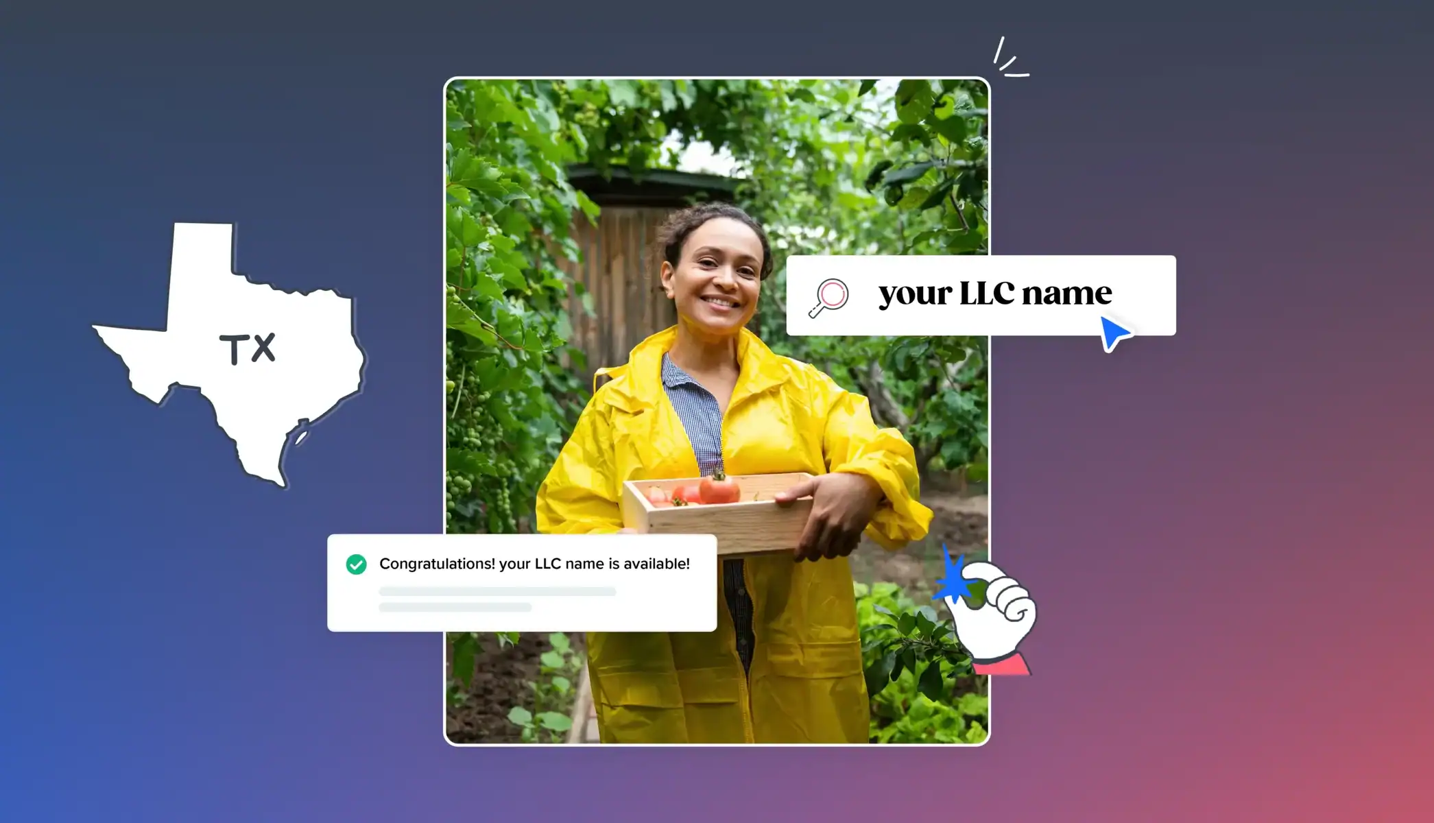 business owner with yellow raincoat holding tomato box your LLC name is available Texas map