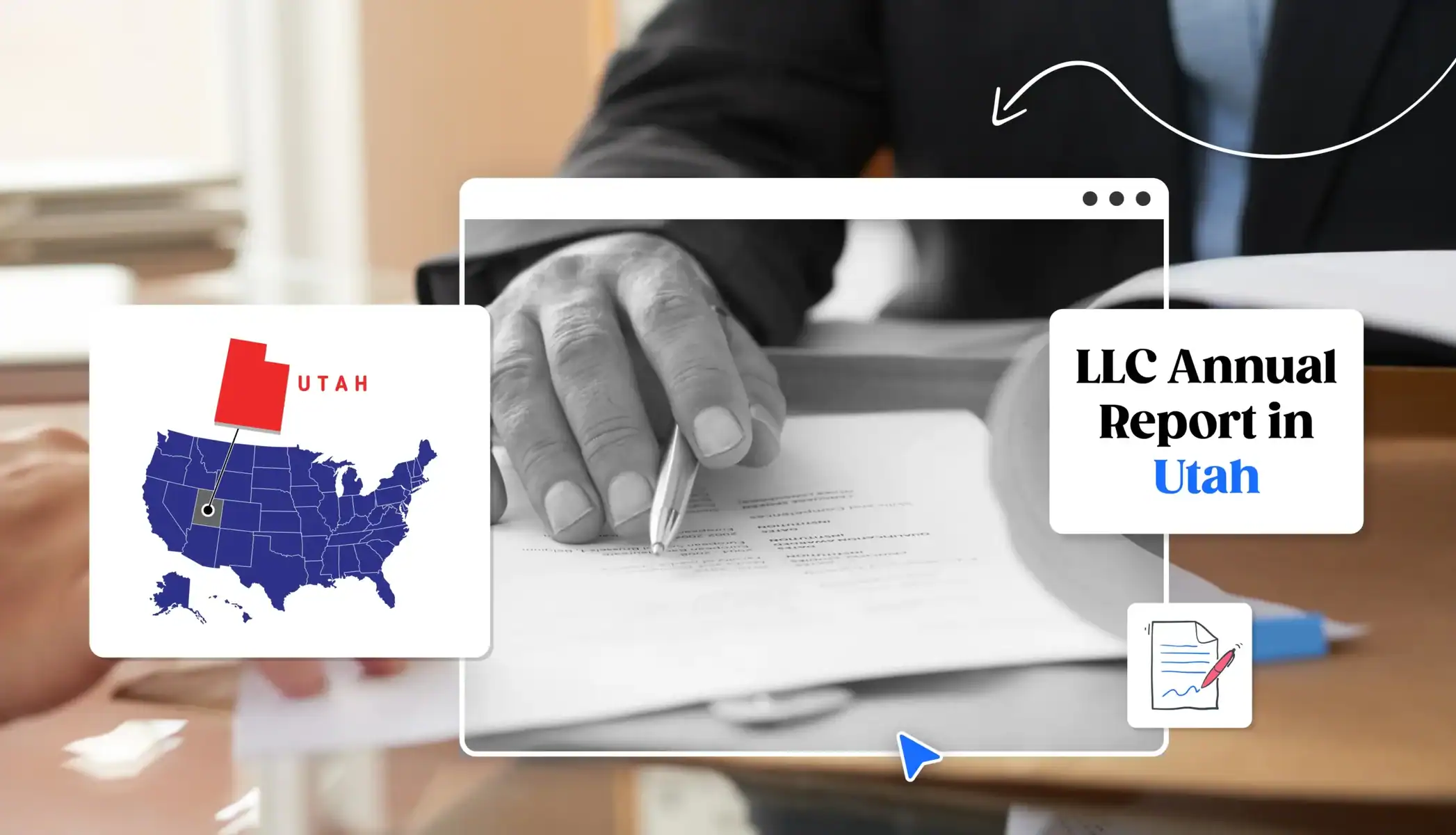Utah LLC annual report states map hand filling a report