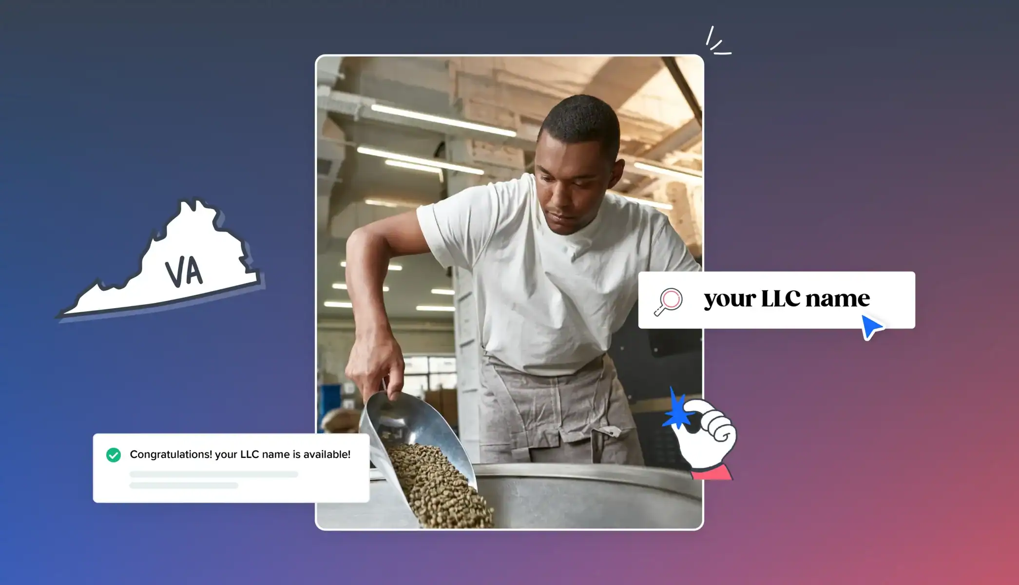 Shop owner scooping seeds looking to do a business enitity search with a Virginia state map and name your LL text