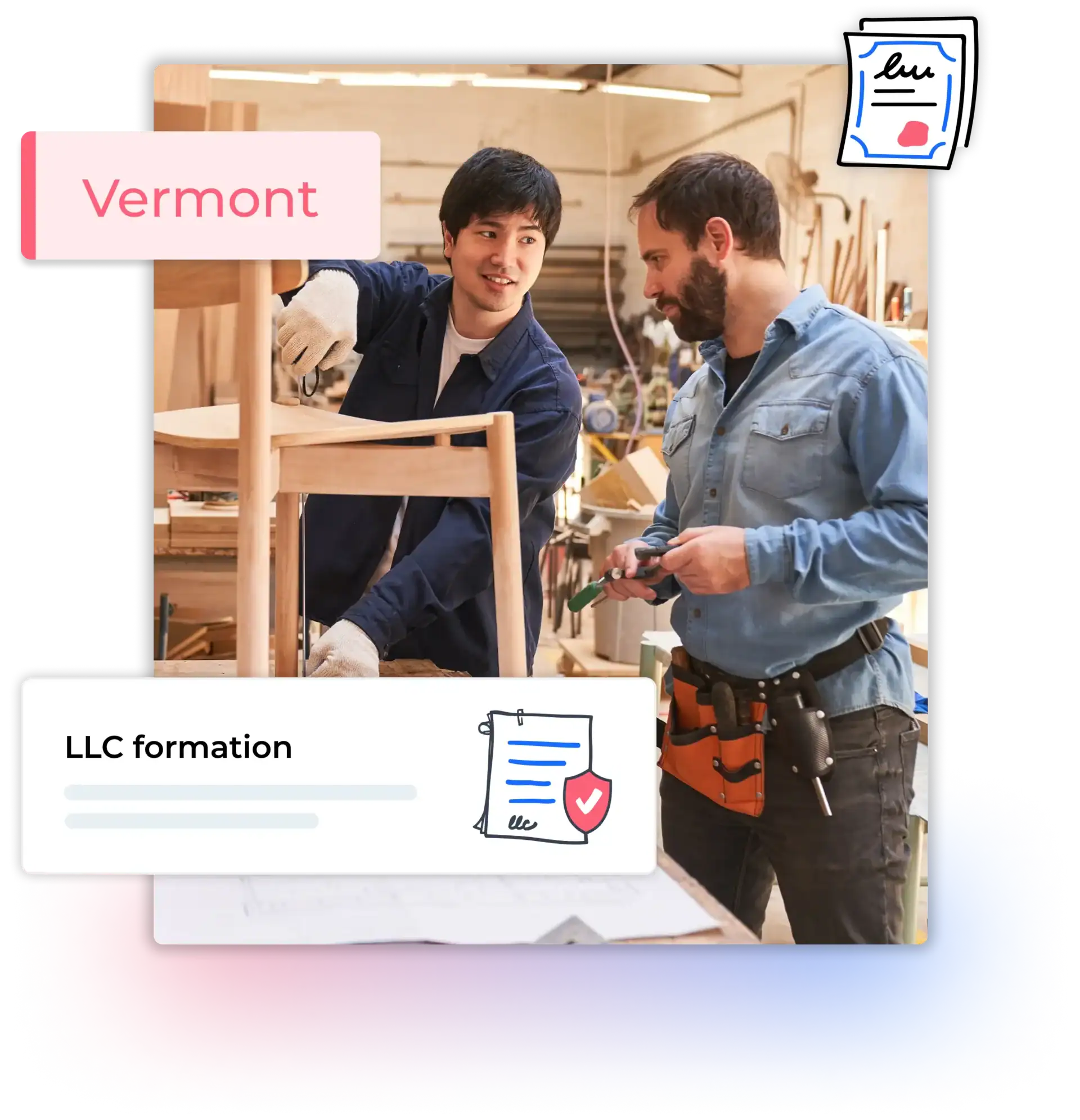 Vermont LLC formation two men finishing a chair in their carpentry shop