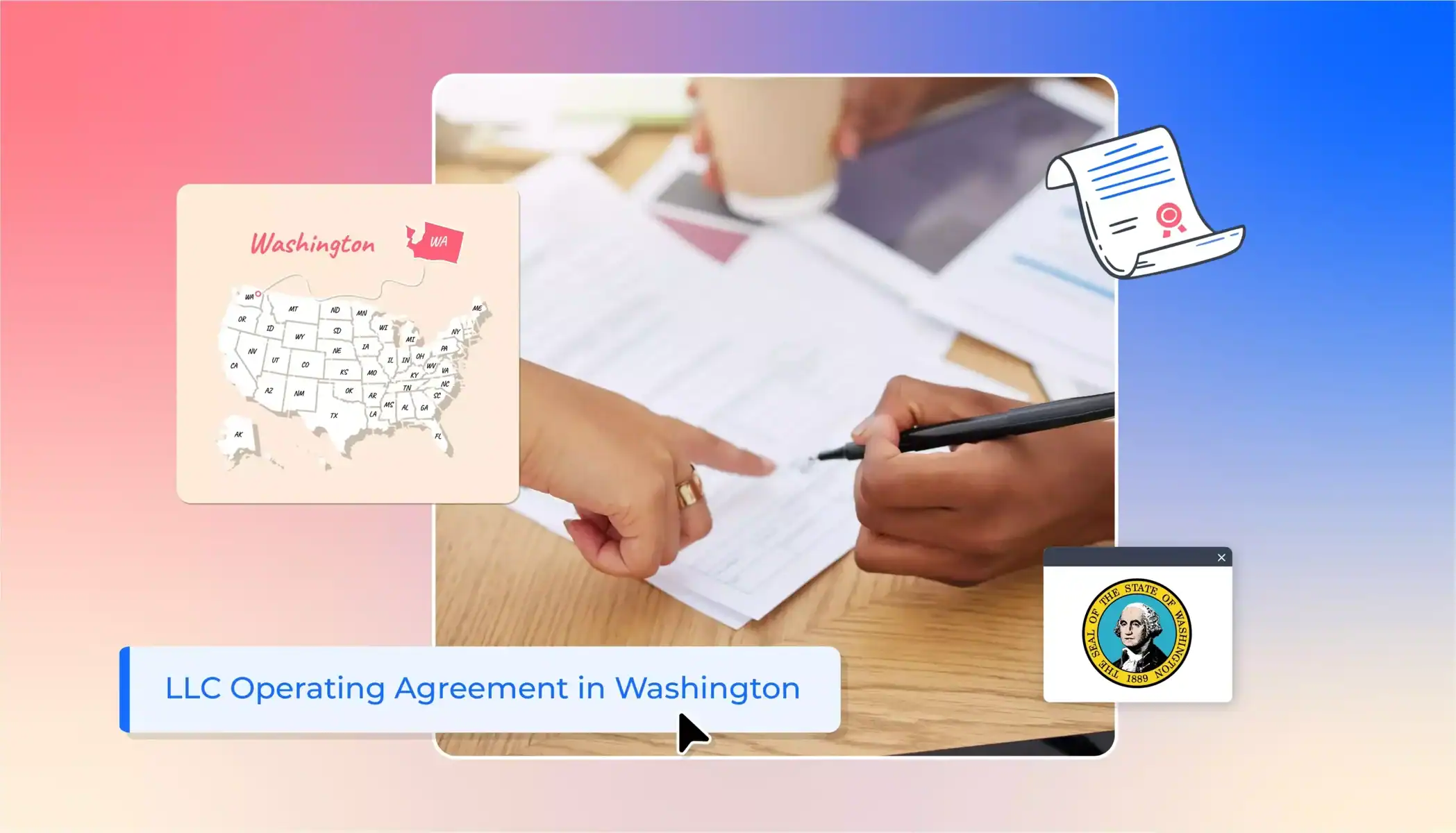 Business owners writing an LLC operating agreement in Washington State Washington State map