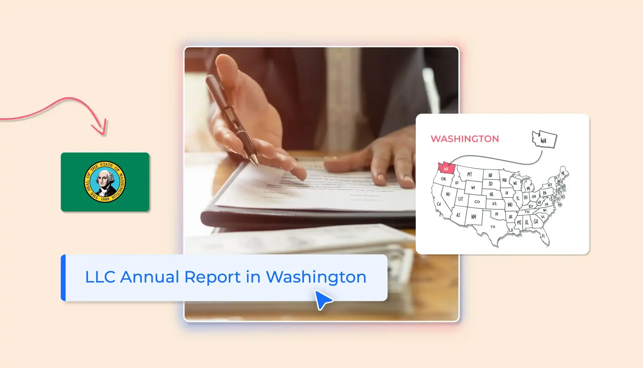 Washington LLC annual report USA map hands with form