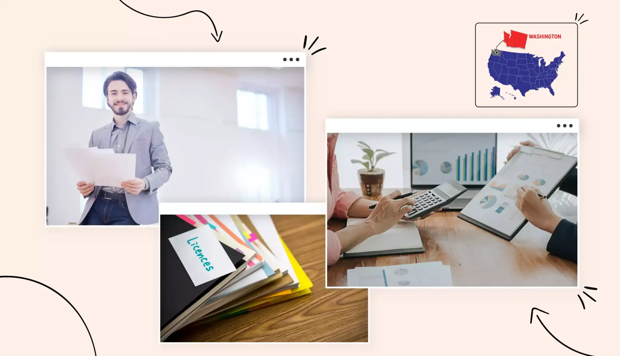 Washington state map United States map business graphs, calculating costs, licenses pile, business owner holds papers