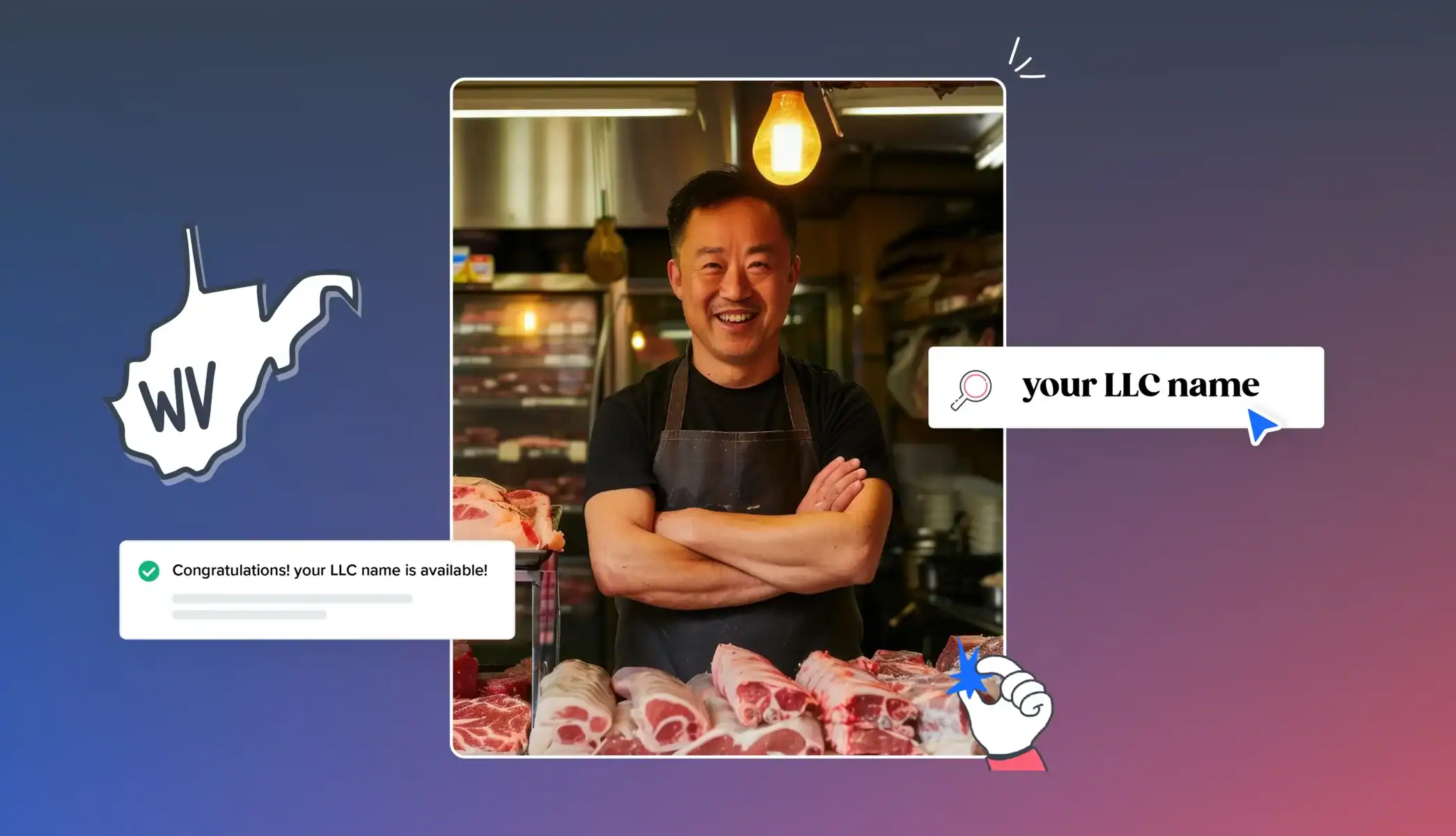 butcher in a shop with meat your LLC name is available west virginia map