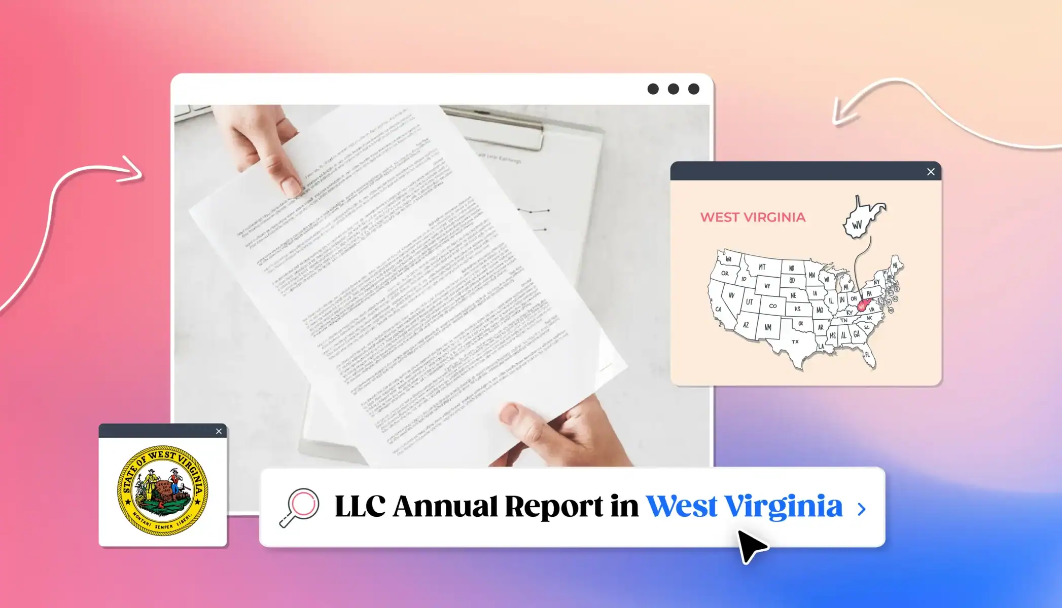 West Virginia LLC annual report filing hand holding a form states map