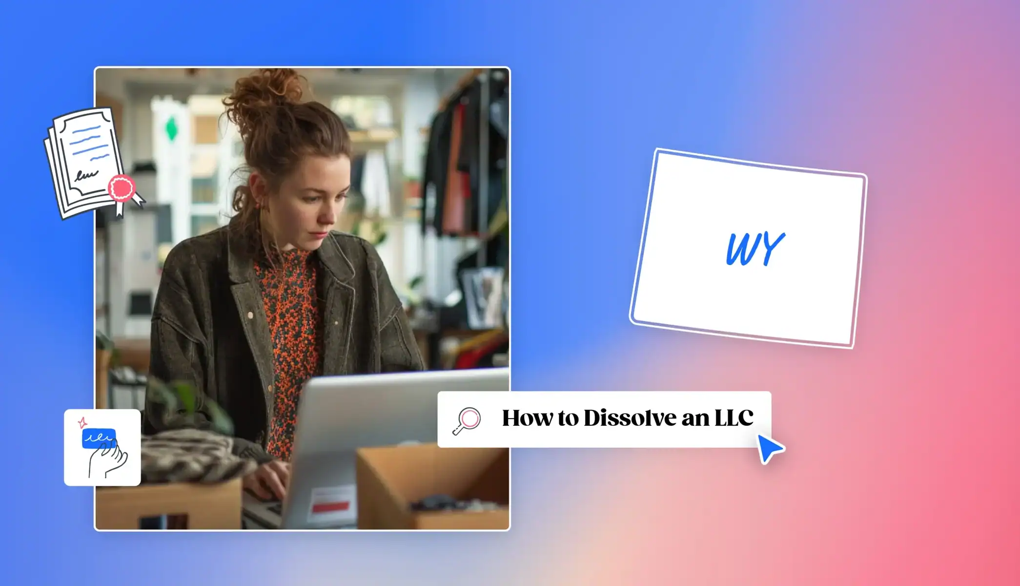 Business woman at her laptop dissolving an LLC in Wyoming